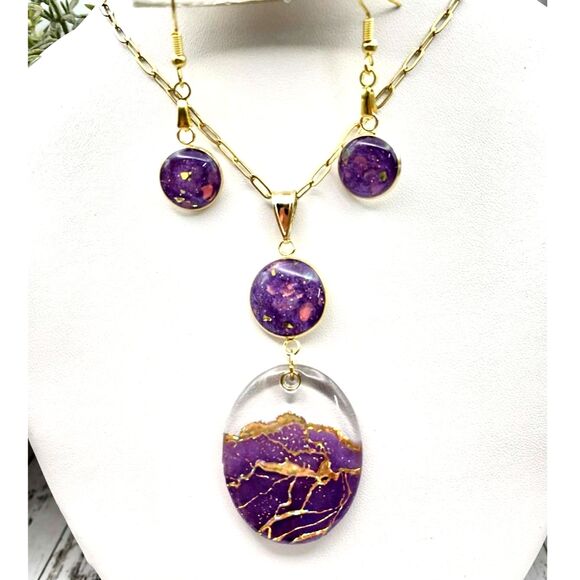 Handmade Jewelry - Purple Resin Necklace Earrings Set Gold Tone Galaxy Statement Jewelry